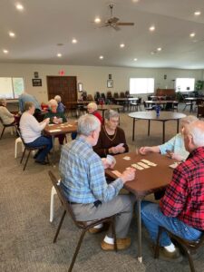 A group of older people engaging in fun-filled activities in a room.