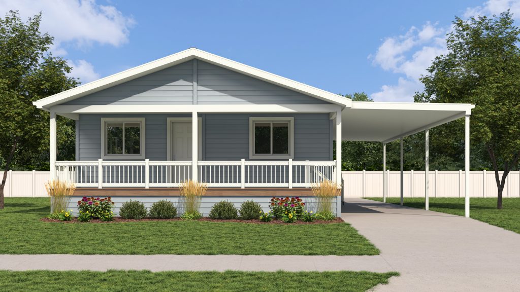 A rendering of a mobile home with a porch and pool days.