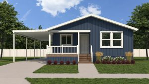 A rendering of a small blue house with a porch, perfect for pool days.