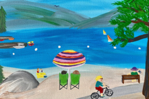 A painting of a beach scene with people on bicycles in Tuolumne County.