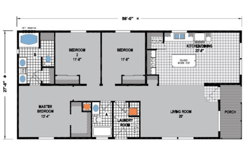 A floor plan for a mobile home with two bedrooms and two bathrooms.